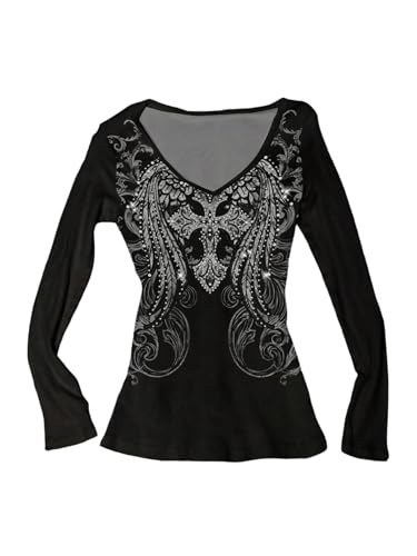 RoseSeek Women's Rhinestone Graphic Tees Long Sleeve Y2K Gothic T Shirts V Neck 2000s Fall Outfits Streetwear Black Small