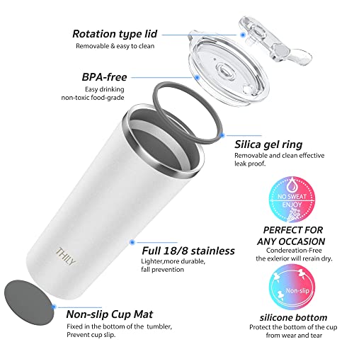Thily Vacuum Insulated Tumbler Stainless Steel 26 Oz Coffee Cup With 2 Lids And Straws, Powder Coated Travel Mug, Keeps Ice Drinks Cold, White #TOP3