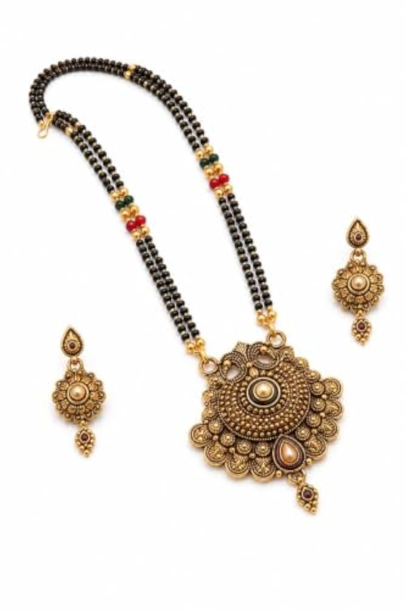 Women's Traditional Gold-Tone Double Strand Mangalsutra with Earrings