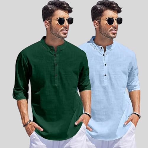 Image of Bellstone Men's Cotton Blend Straight Kurta Shirt Combo with Mandarin Collar - Slim Fit Casual Short Kurti Set Featuring Textured Slub Fabric and Roll-Up Full Sleeves