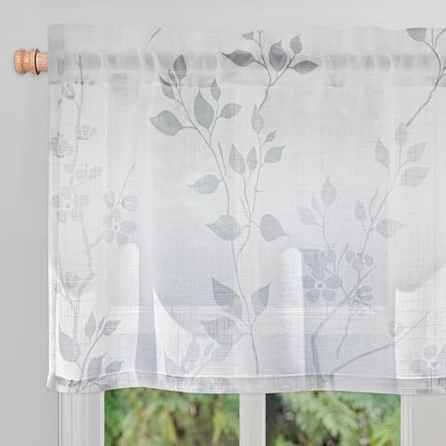 Image of Beauoop Linen Floral Semi Sheer Valance Curtains for Kitchen Grey 52x18x1