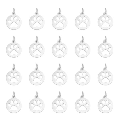 UNICRAFTALE 20pcs Dog Paw Prints Charm 14mm Flat Round Stainless Steel Charm Pendants Cute Puppy Pet Print Charms Animal Footprint Pendant for Necklace Jewelry Making