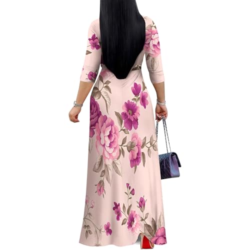 Image of Plus Size Maxi Dress for Women Casual Summer V Neck 3 /4 Sleeves Flowy Comfortable Dress for Vacation Daily Wear Floral Print