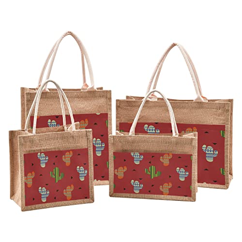 Mnsruu Aztec Cactus Plant Jute Tote Bags Women Grocery Shopping Bags with Handles for Outdoor Travel 12.6 x 16.9 x 7.1 inches