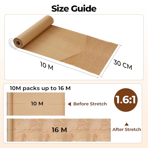 Tera Wabenpapier Verpackungsmaterial Rolle 30 cm x 10 M Verpackungspapier: 80gsm mit 20 Fragile Aufkleber 1,6-fach Luftpolsterfolie-Alternative Dehnbar ECO Recycelbar Packpapier zum Verpacken Umzug