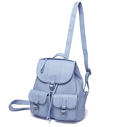 Mini Backpack Purse for Women,VASCHY Fashion Faux Leather Buckle Flap Drawstring Backpack for College with Two Front Pockets Sky Blue