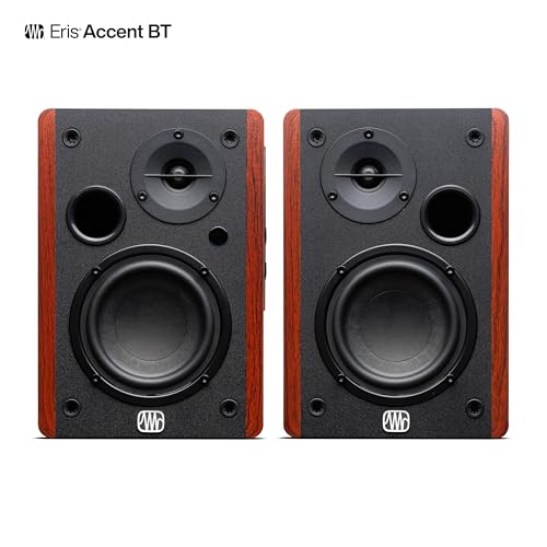 Image of PreSonus Eris Accent BT 60W Powered Bookshelf Bluetooth Speakers - Studio Monitors for Turntable, Home, 4 inch Woofer, Silk Tweeter, USB-C, Optical, RCA, Coax, Remote, Sub Out, Wired Option, Wood Grain