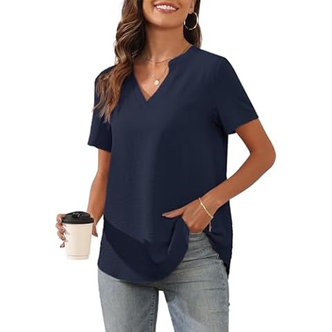 Askyes Women’s Chiffon Shirts Short Sleeve 2024 Fashion Formal Blouses Summer Loose Fit Blouse Tops,Navy Blue.XL Cover