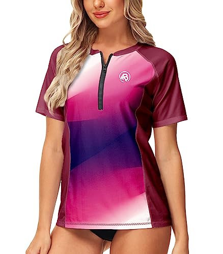 Image of AOBUTE Women Zip Rash Guard UPF 50+ Gradient Short Sleeve Swim Top Surf Shirts