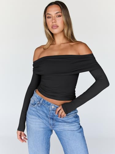 Trendy Queen Women Long Sleeve Shirts Off Shoulder Tops Going Out Crop Sexy Slim Fitted Y2K Fall Outfits 2025 Fashion Clothes2