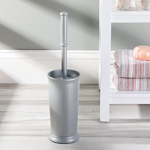 Image of mDesign Compact Freestanding Plastic Toilet Bowl Brush and Holder for Bathroom Storage and Organization - Space Saving, Sturdy, Deep Cleaning, Covered Brush - Silver