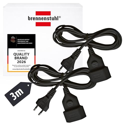 Brennenstuhl 2er Set Kunststoff-Verlängerungskabel (Verlängerungskabel für den Innenbereich 3m Kabel mit Euro-Stecker und Kupplung) schwarz