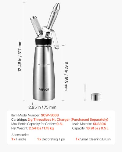 Image of VEVOR Nitro Cold Brew Coffee Maker 17 oz Nitrogen Dispenser System, Home Brew Coffee Keg, Portable Nitrogen Infuser with Dispenser and Pressure Relieving Valve, Gift for Coffee Lovers