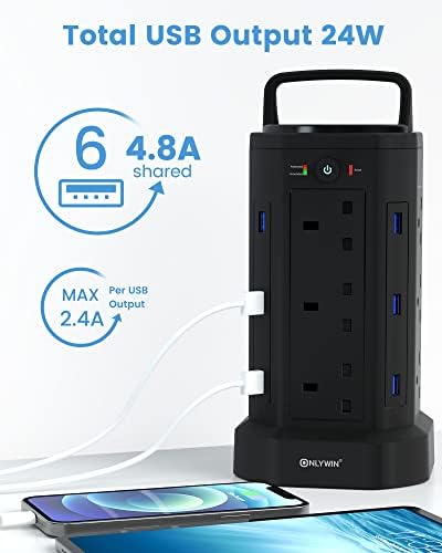 Tower Extension Lead with USB Slots, ONLYWIN 1050J Surge Protector with 12 Way Outlets 6 USB(13A/3250W), Multi Plug Socket Power Tower with 2M Retractable Extension Cords for Home, Office, Black