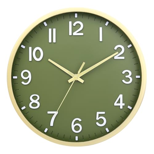 Moiubik Wall Clocks Battery Operated 10 inch Modern Wall Clock,Silent Non Ticking Wall Clock for Living Room Bedroom Kitchen Office Classroom Decor (Green Gold)