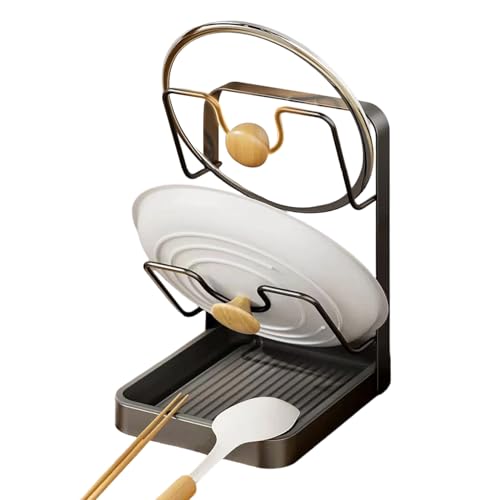 Support Couvercle Casserole, Porte Couvercle Cuisine, Organiseur Couvercles De Casserole Avec Repose Cuillère Cuisine, Porte Cuillere Cuisines, Range Couvercles Cuisines Avec Bac D'égouttage(D-)