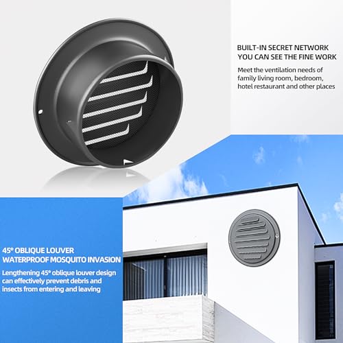 4inch 304 Stainless Steel Air Vents, Louvered Grille Cover Vent Hood Flat Ducting Ventilation Air Vent Wall Air Outlet with Fly Screen Mesh for House (4 inch Black Paint Cover (100mm))