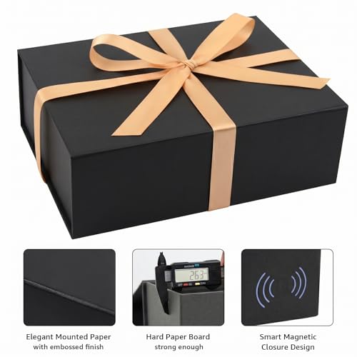 Image of LIFELUM 5 Pack Black Collapsible Gift Boxes 9.5 x 7 x 3.5 inch with Magnetic Lids, Ribbon, Greeting Cards, Shredded Paper Filler for Father's Day, Groomsmen, Holiday, Christmas Presents