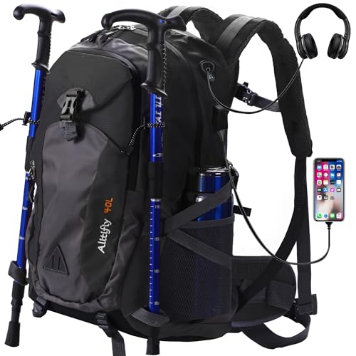Alitifiy 40L Hiking Backpack, Hiking Rucksack Durable Waterproof Travel Bag Outdoor Sports Camping Cycling Skiing Daypack Climbing Trekking Mountaineering Gifts for Men Women, (Black Grey)