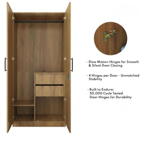 Image of Amazon Brand - Solimo Meroki 2 Door Wardrobe | Cupboard | Almirah with Drawers, Hanging Rod & 4 Shelves | 90L x 45W x 180H CM | Wood Oak Light | DIY