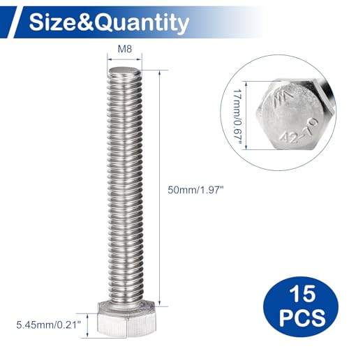 Image of MroMax 15Pcs M8-1.25 Hex Bolts, M8 x 50mm Hex Head Screws Bolts | 304 Stainless Steel 18-8, Fully Threaded, External Hex Drive, for Machinery Base and Bracket Mounting