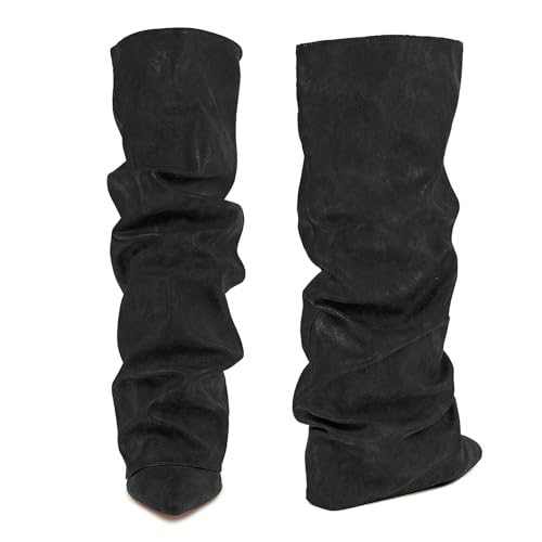Fold Over Boots Slouch Block Heels Dressy Knee Boots3