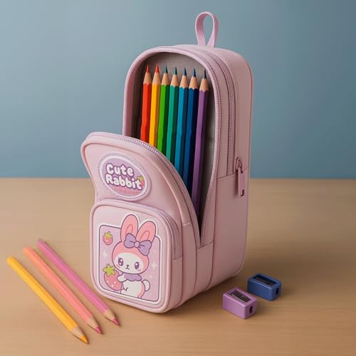 Image of Famyo Cute Pink Rabbit Pencil Pouch for Girls | Aesthetic Pencil Box for Kids | School Stationery Case & Cute Stationery Item with 3 Compartments | Pen Pouch Bag