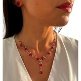 ONDEGO® Schmuckset Rot Blumen Silber Collier Halskette Ohrringe Strass Brautschmuck Hochzeit Kommunion Abiball Ball