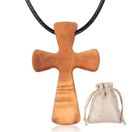 ULTECHNOVO Kreuzkette aus Olivenholz Herren & Damen, Handgeschnitztes Holzkreuz Anhänger mit Verstellbarem Lederband und Aufbewahrungsbeutel, Kleines Kruzifix Religiöses Geschenk für Taufe, Kommunion