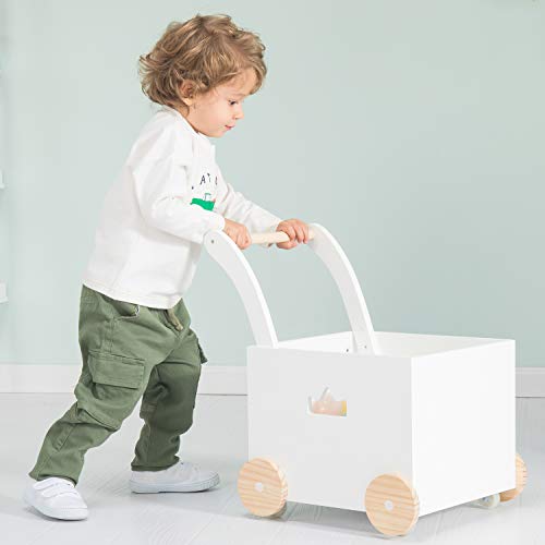 Crown Children 2-in-1 Baby Learning Walker -Toddler Baby Push Walker-Wooden Strollers with Blocks - Toys with Wheels for Girls Boys 1-3 Years Old, Wagon Toy Walkers Sturdy Construction (Square)