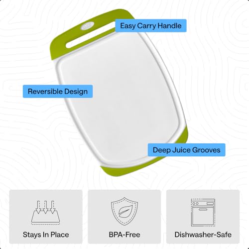 Image of GORILLA GRIP BPA-Free Reversible Kitchen Cutting Board Set of 3, US Designed, Nonporous, Juice Grooves Catch Liquid, Slip Resistant Border, Dishwasher Safe, Durable Food Chopping Boards, Lime Green