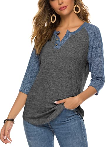 Hocosit Women's Raglan Round Neck Summer Tops Ladies Basic Button Henley Shirt Boyfriend Style Blouse #TOP1