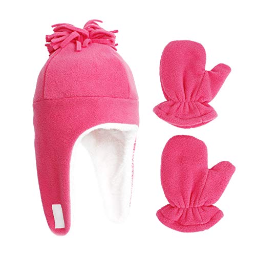 Baby Boy Girl Sherpa Lined Warm Fleece Pilot Hat Toddler Kids Hat Mitten Set Winter Accessories2