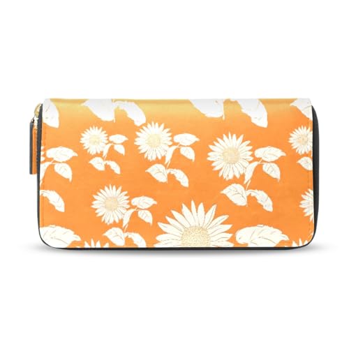Long Wallets Leather Bifold Wallet for Women Sunflowers Orange with Zipper Credit Card Holder Large Capacity