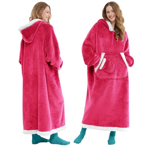 Giggling Getup Wearable Blanket Hoodie for Women Men Gifts for Women Mom Sherpa Fleece Long Hooded Blanket Sweatshirt Cozy Sherpa Wearable Throw with Pocket & Sleeves for Adult Standard Bright Pink