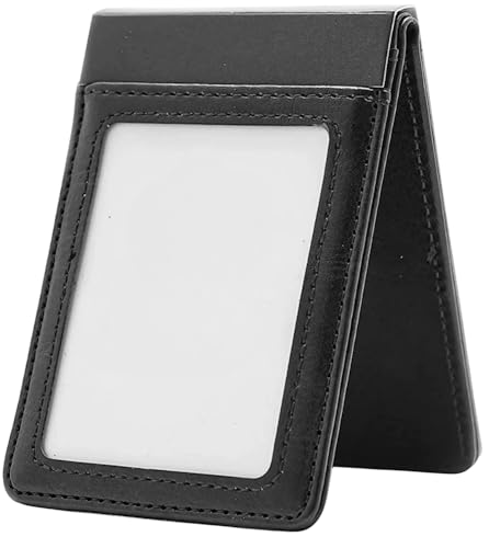 Leather ID Card Holder Vertical Badge with Magnetic Close 70 x 110 mm (BLACK)