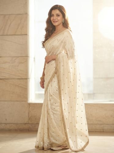 Image of ORHANS Women's Chiffon Saree with Unstitched Blouse Piece Solid Pattern and Laced Border | Lightweight Sarees for Woman | Plain Saris Daily Use | Womens Saree Modern Pattern| Stylish Saree