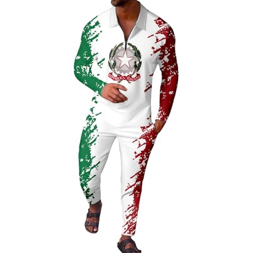 Munweiyu Chándal para hombre con bandera de Italia, traje de jogging con estampado de 2 piezas, solapa de manga larga, con cremallera, polo y pantalones de chándal, ropa deportiva, traje de casa