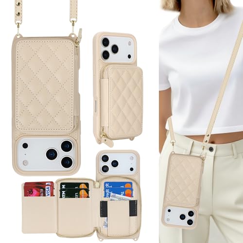 Coque iPhone 17 Pro Max cordon beige, étui élégant avec porte-cartes chic