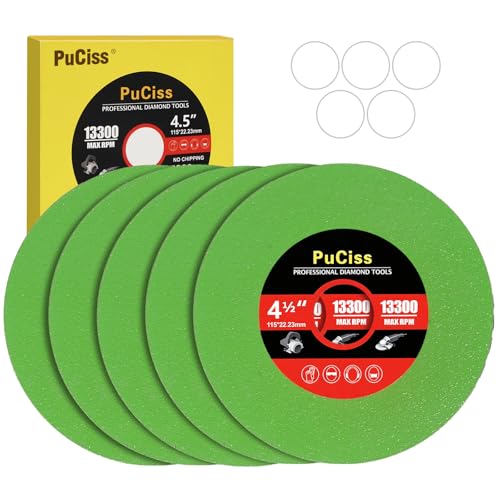 PuCiss 4-1/2 Inch Glass Cutting Disc for Angle Grinders, Diamond Saw Blades Wheel Multi-Material for Grinding Ceramic, Crystal, Tile, Wine Bottle, 7/8' Arbor - 5 Pack.
