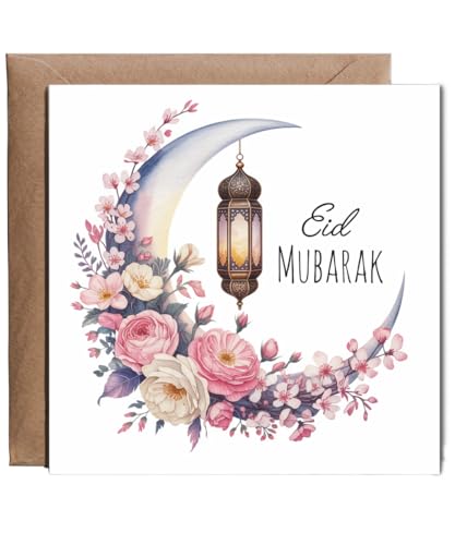 Hippowarehouse Eid Mubarak Greeting Card Crescent Floral Moon in Watercolour Personalised Card. 15cm x 15cm with envelope for him for her Funny Cards for Men and Women Blank inside option