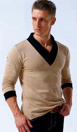 YTD Mens Cotton Casual V-Neck Button Slim Muscle Tops Tee Short Sleeve T-Shirts3