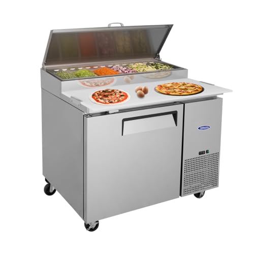 Image of Commercial Pizza Prep Table,44 inch Workspace with a Built-in Refrigerator 11 Cu.Ft and Cutting Board and Protection Lid,Cold Storage,ETL Certified,6 Pans Up for Restaurant,Bar,Shop,Silver