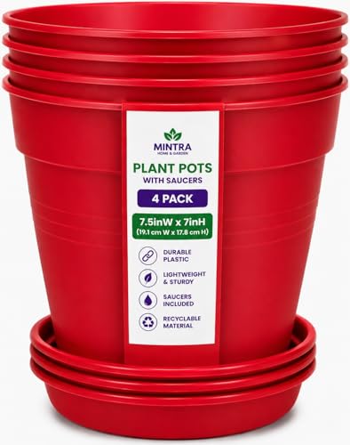 Mintra Garden Pots 4 Pack Bulk Plastic Plant Pots with Drainage Tray Round Indoor & Outdoor Decorative Planters with Drain Holes for Flowers Herbs & Plants 19cm Diameter Red 7.5 in