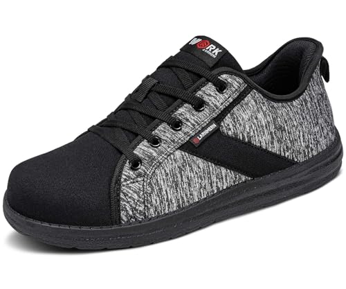 LARNMERN Zapatillas de seguridad con puntera de acero para hombre, zapatos de trabajo, ligeros, cómodos, para caminar, gris/negro, 41.5 EU