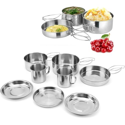 KIT PANELAS EM INOX CAMPING COZINHA ACAMPAMENTO COMPLETO 8 PEÇAS PANELA VIAGEM PRAIA PESCA