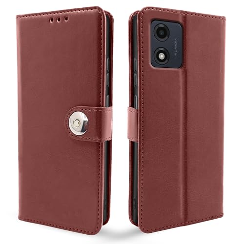 Image of Pikkme Motorola Moto E13 Flip Cover Leather Finish | Inside TPU with Card Pockets | Wallet Stand and Shock Proof | Complete Protection Button Flip Case (Brown)
