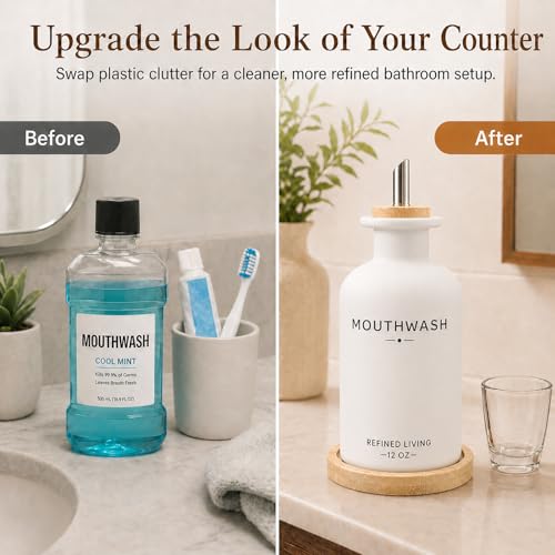 Image of Mouthwash Dispenser for Bathroom, 12 OZ Refillable Glass Mouthwash Bottle with Cup and Bamboo Tray, Decorative Mouth Wash Dispenser Set for Bathroom (White)