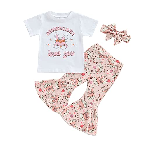 Toddler Baby Girl Summer Clothes Cute Bunny Print Short Sleeve T-Shirt Floral Flare Bell Bottom Pants Easter Outfits (White Some Bunnt Loves You,12-18 Months)