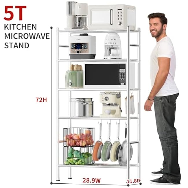 Kitchen Storage Cart, 5 Tier Microwave Cart Stand, Bathroom Organizers and Storage, Shelf Rack Organizer, Coffee Bar Cart Black for Living Room Office, Silver(No Hooks-igsF8mbh